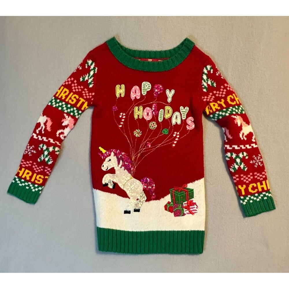 33 Degrees Christmas Sweater Winter XS Kids Girls Unicorn Sequins Happy Holidays